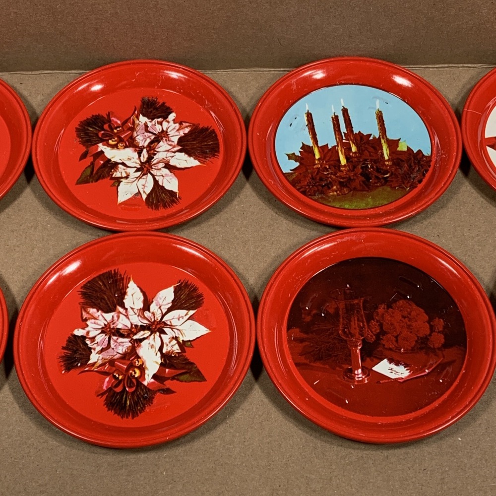 Vintage Christmas Coasters Set of 8 Red Holiday Poinsettia Candle Decor 1970s - Picture 6 of 11